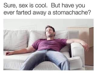 Image may contain: 1 person, sitting, text that says 'Sure, sex is cool. But have you ever farted away a stomachache?'